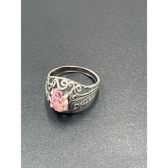 Sterling Silver Vintage Filigree Simulated Pink Sapphire Solitaire Ring 5.25 - Picture 8 of 14